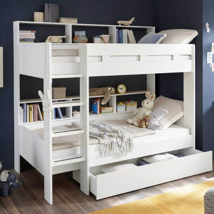 Lits superposés enfant contemporain blanc, échelle intégrée et barrière de sécurité
